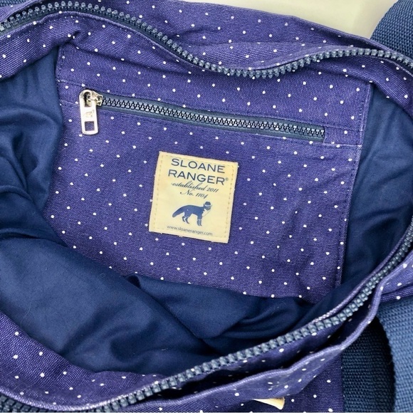 Sloan Ranger Number 1104 canvas zippered tote bag navy blue white polka dots - Picture 8 of 11